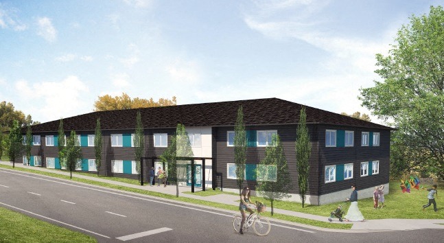 a rendering of a building on the side of a street